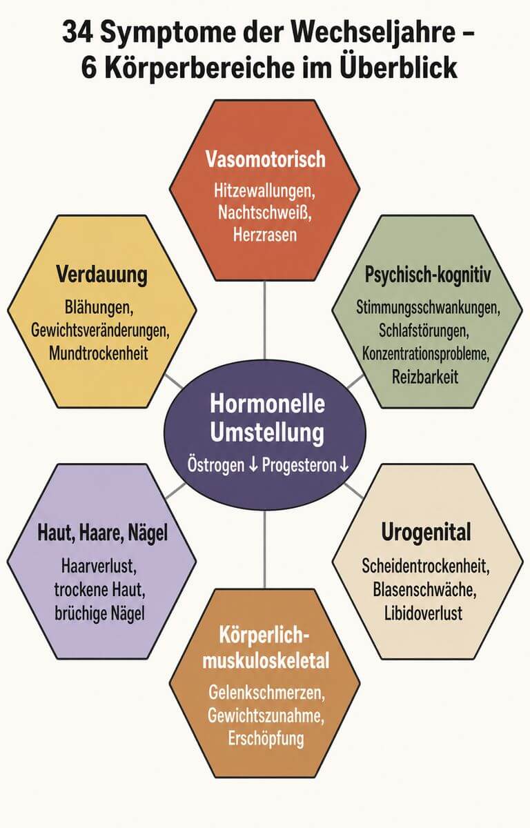 Infografik: 34 Symptome der Wechseljahre in sechs Kategorien – von Hitzewallungen bis Verdauungsbeschwerden.