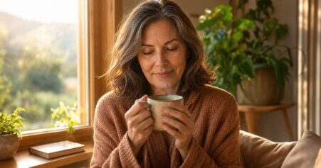 Eine Frau Mitte 50 in einem ruhigen Morgenmoment am Fenster – symbolisch für die körperlichen und emotionalen Veränderungen der Wechseljahre.