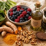 Stillleben mit antientzündlichen Lebensmitteln: Beeren, Kurkuma, Walnüsse, Leinöl und Blattgemüse auf einem Holztisch.