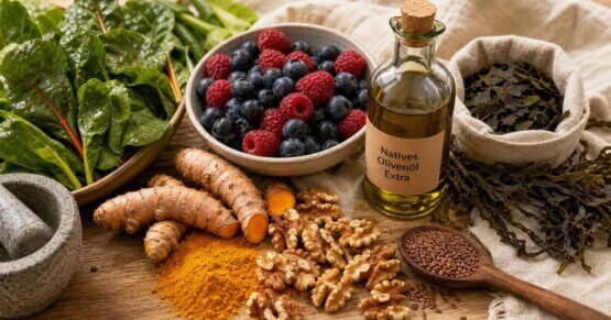 Stillleben mit antientzündlichen Lebensmitteln: Beeren, Kurkuma, Walnüsse, Leinöl und Blattgemüse auf einem Holztisch.