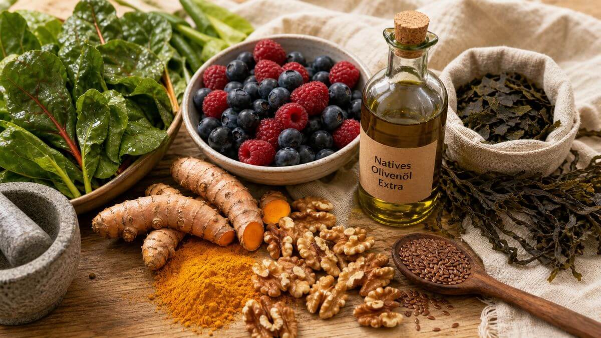 Stillleben mit antientzündlichen Lebensmitteln: Beeren, Kurkuma, Walnüsse, Leinöl und Blattgemüse auf einem Holztisch.