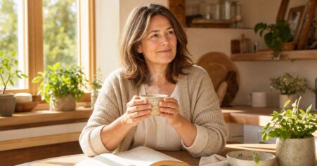 Eine Frau Mitte 50 sitzt entspannt am Frühstückstisch mit einer Tasse Tee – Hormonersatztherapie in den WechsEine Frau Mitte vierzig bis Mitte fünfzig sitzt an einem hellen Küchentisch, hält eine Tasse mit beiden Händen und blickt entspannt aus dem Fenster – vor ihr ein aufgeschlagenes Buch.eljahren ruhig angehen.