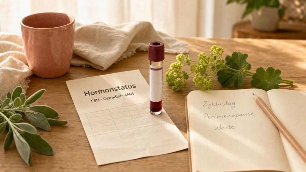 Blutröhrchen, Laborzettel mit „Hormonstatus", Notizbuch und Kräuter auf einem Holztisch.