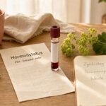 Blutröhrchen, Laborzettel mit „Hormonstatus", Notizbuch und Kräuter auf einem Holztisch.
