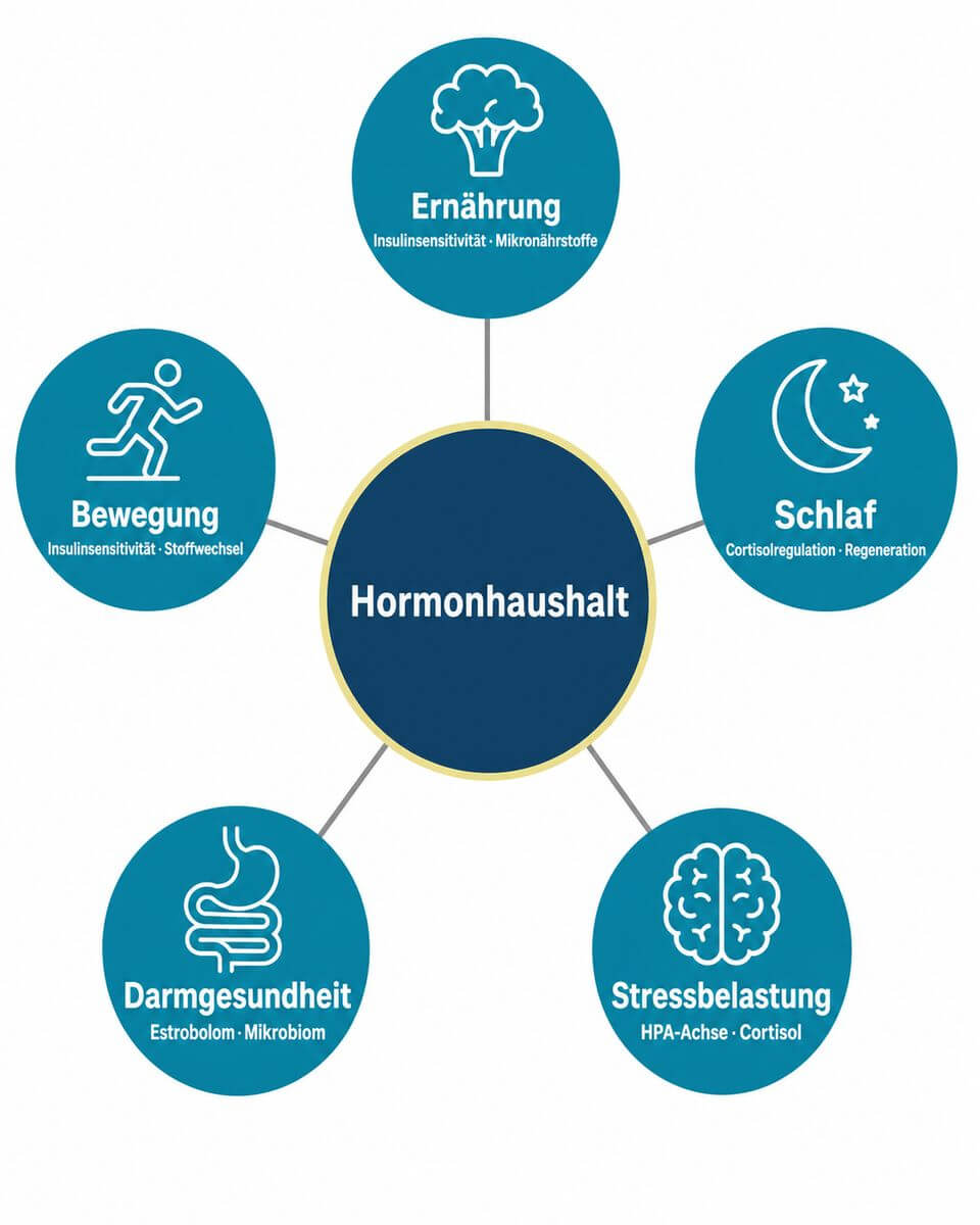 Infografik: Fünf Einflussfaktoren auf den Hormonhaushalt – Ernährung, Schlaf, Stressbelastung, Darmgesundheit und Bewegung.
