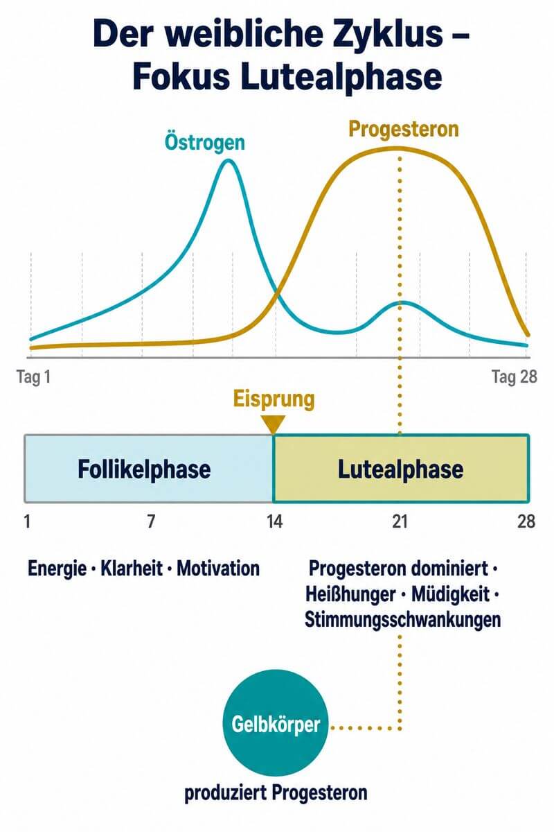 Infografik: Horminkurven von Östrogen und Progesteron über den 28-tägigen Zyklus mit Fokus auf die Lutealphase und den Gelbkörper.