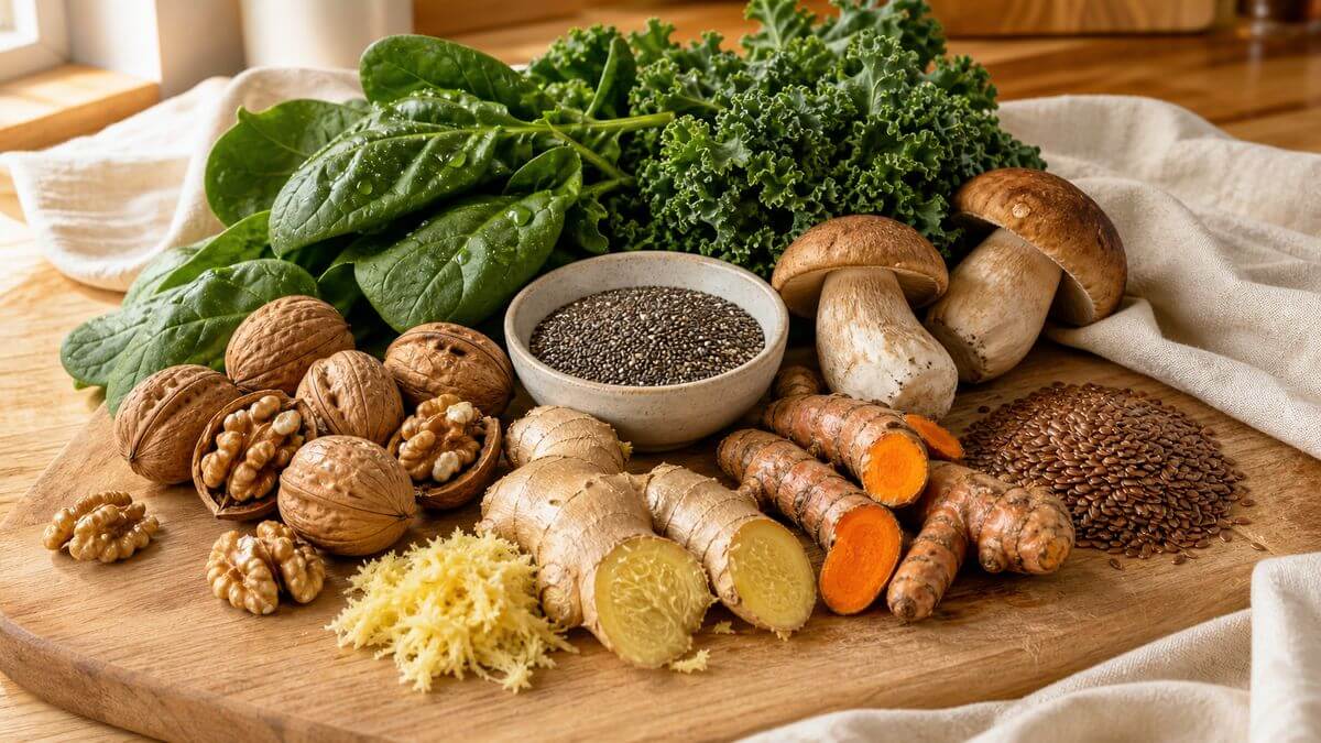 Stillleben mit pflanzlichen Lebensmitteln gegen Gelenkschmerzen in den Wechseljahren: Walnüsse, Leinsamen, Kurkuma, Ingwer und Blattgemüse auf einem Holzbrett.