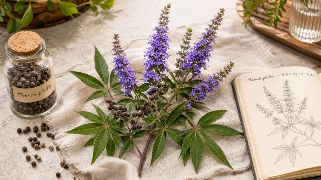 Mönchspfeffer Vitex agnus-castus Zweig mit Früchten auf hellem Hintergrund