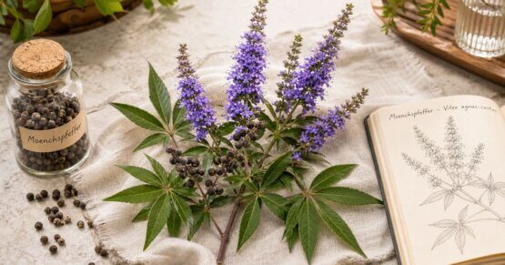 Mönchspfeffer Vitex agnus-castus Zweig mit Früchten auf hellem Hintergrund