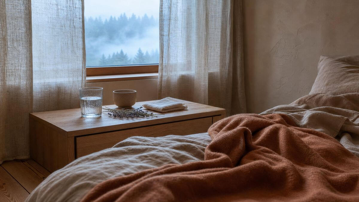 Stilles Morgenlicht durch Fenster auf einem ungemachten Bett – Stimmungsbild für Müdigkeit vor der Periode.