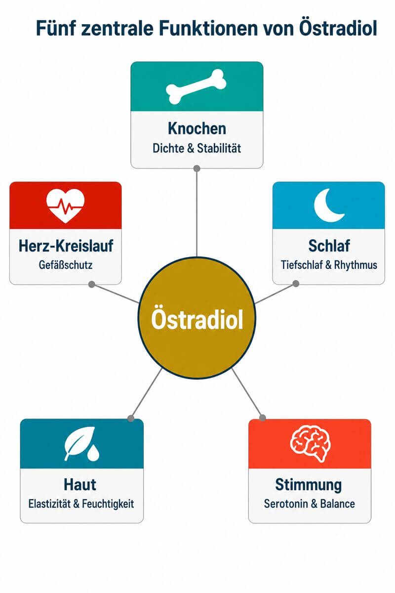 Infografik: Fünf Funktionen von Östradiol – Knochen, Schlaf, Stimmung, Haut und Herz-Kreislauf.