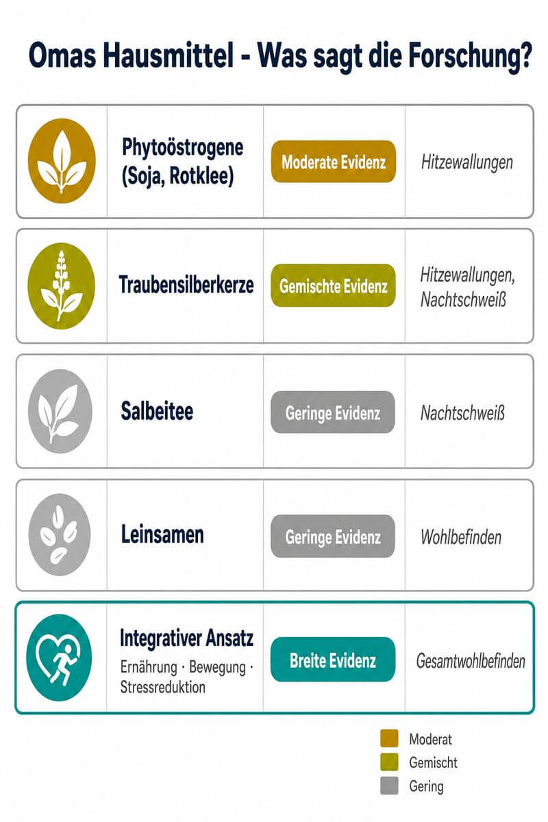 Infografik: Hausmittel in den Wechseljahren im Evidenz-Vergleich – Phytoöstrogene, Traubensilberkerze, Salbei und Leinsamen nach Studienlage bewertet.