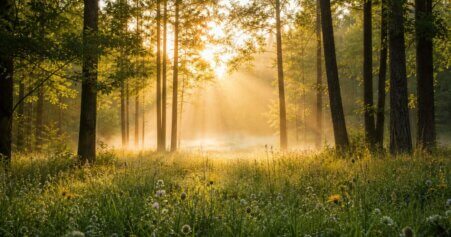 Morgendliche Waldlichtung mit Bodennebel und Lichtstrahlen durch Baumstämme, Wildblumenwiese im Vordergrund – warmes Gegenlicht in Gold- und Grüntönen.