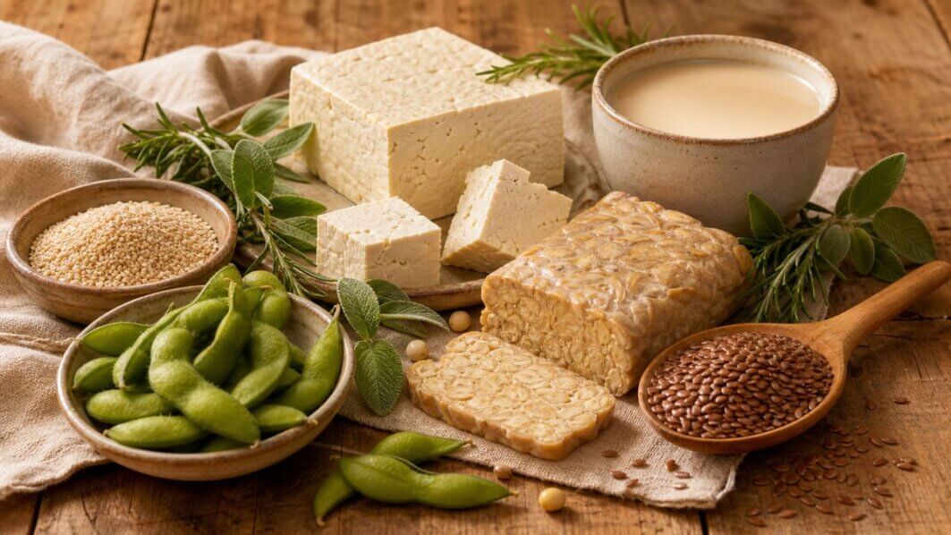 Phytoöstrogenreiche Lebensmittel auf einem Holztisch: Tofu, Tempeh, Edamame, Sesam, Leinsamen und Sojadrink.