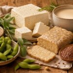 Phytoöstrogenreiche Lebensmittel auf einem Holztisch: Tofu, Tempeh, Edamame, Sesam, Leinsamen und Sojadrink.