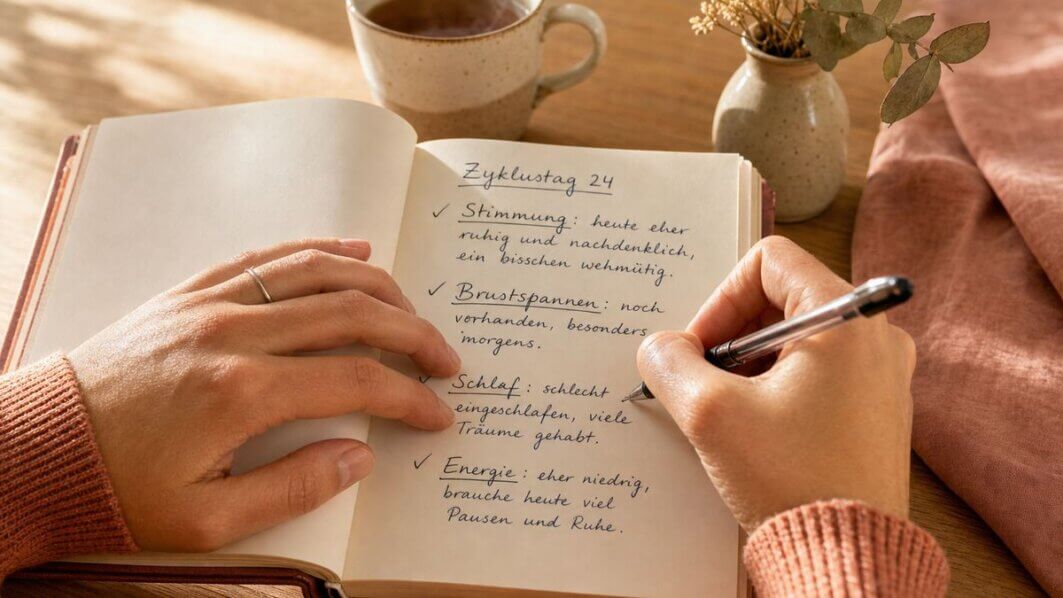 Frau in rosafarbenem Pullover schreibt in ein Zyklustagebuch mit deutschen Einträgen zu Stimmung, Brustspannen, Schlaf und Energie an Zyklustag 24 – warme Holztisch-Atmosphäre mit Teetasse und Trockenblumen.