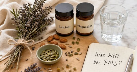 Amber-Gläser mit Calcium- und Magnesium-Etiketten, Kürbiskerne, Lavendel und Notizbuch mit „Was hilft bei PMS?