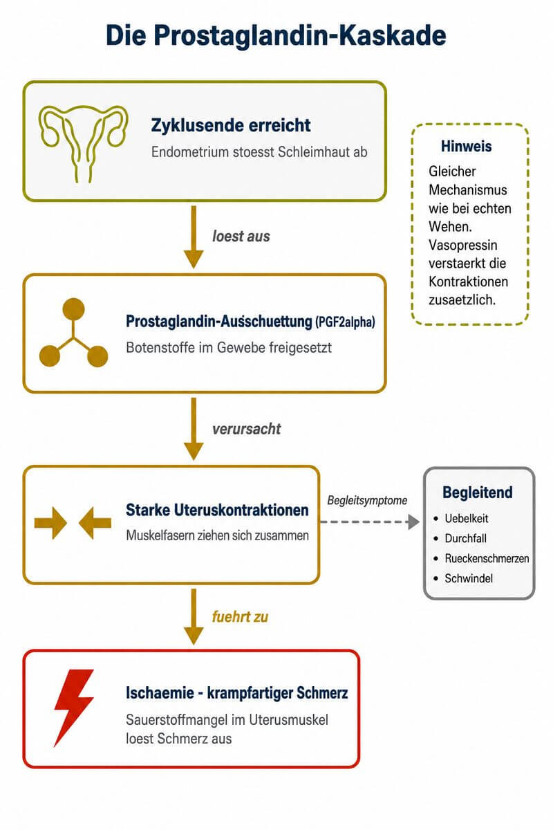 Infografik: Prostaglandin-Kaskade in vier Schritten – von Zyklusende über Prostaglandinausschüttung und Uteruskontraktionen zur Ischämie als Schmerzquelle, mit Begleitsymptomen und Vasopressin-Hinweis.