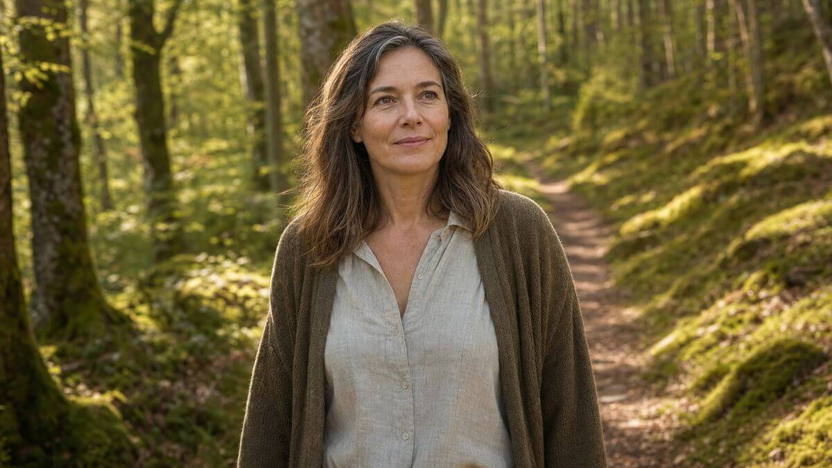 Eine Frau Mitte vierzig bis Mitte fünfzig steht auf einem Waldweg im weichen Morgenlicht, den Blick ruhig und leicht nach oben gerichtet – der Ausdruck offen und gefasst.