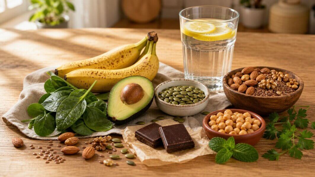 Bananen, halbierte Avocado, Spinat, Kürbiskerne, Kichererbsen, Nüsse, Leinsamen, dunkle Schokolade und Wasserglas mit Zitrone auf Holzoberfläche – magnesium- und kaliumreiche Lebensmittel gegen Wassereinlagerungen.