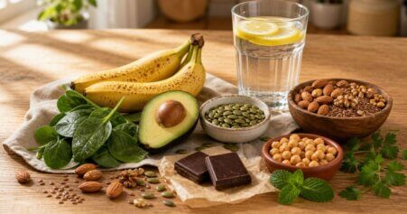 Bananen, halbierte Avocado, Spinat, Kürbiskerne, Kichererbsen, Nüsse, Leinsamen, dunkle Schokolade und Wasserglas mit Zitrone auf Holzoberfläche – magnesium- und kaliumreiche Lebensmittel gegen Wassereinlagerungen.