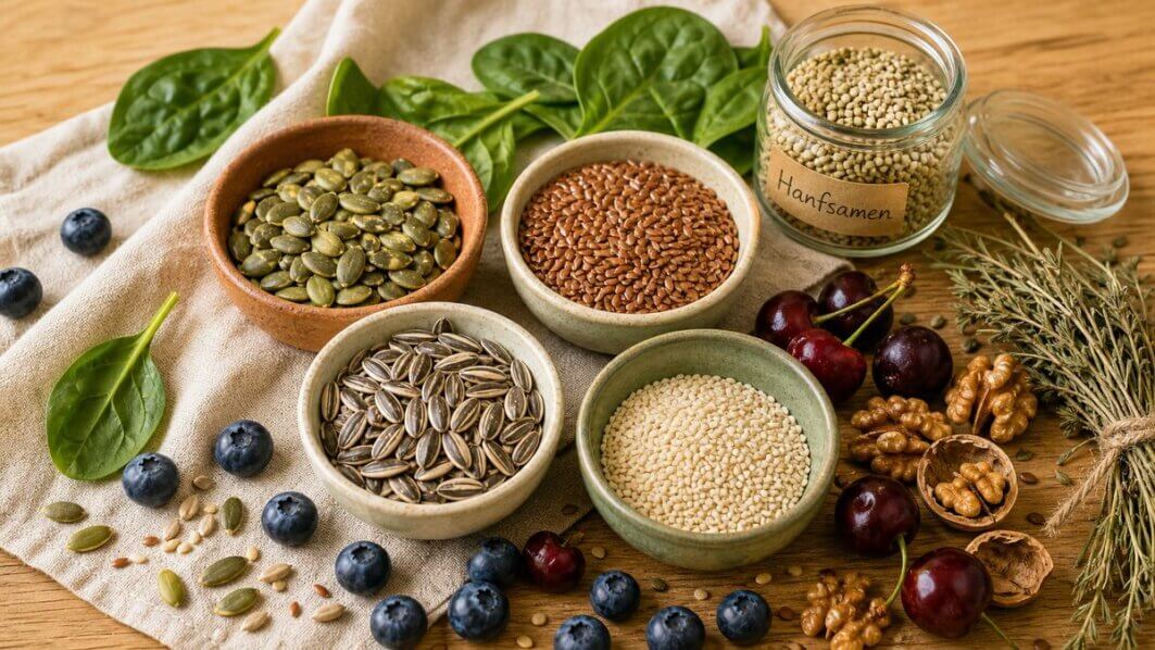 Samen, Nüsse, Spinat und Beeren auf einem Holztisch — zyklusrelevante Lebensmittel für eine ausgewogene Ernährung.