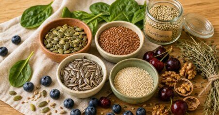Samen, Nüsse, Spinat und Beeren auf einem Holztisch — zyklusrelevante Lebensmittel für eine ausgewogene Ernährung.