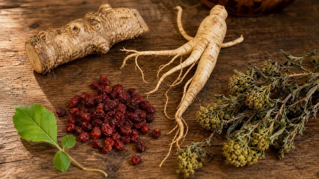 Stillleben mit Adaptogen-Pflanzen: Ashwagandha-Wurzel, Ginsengwurzel, rote Schisandra-Beeren und Rhodiola rosea auf Holzuntergrund.