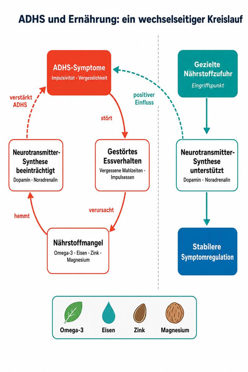 Infografik: Wechselseitiger Zusammenhang zwischen ADHS-Symptomen, Essverhalten und Neurotransmitter-Versorgung mit Schlüsselnährstoffen wie Omega-3, Eisen, Zink und Magnesium.