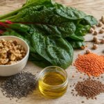 Stillleben mit Walnüssen, Chiasamen, Linsen und Spinat als pflanzliche Nährstoffquellen bei ADHS-Ernährung.