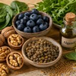 Stillleben mit brain food Zutaten: Walnüsse, Blaubeeren, Blattgemüse, Hülsenfrüchte und Algenöl auf Holzuntergrund – natürlich arrangiert.