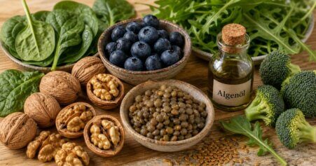 Stillleben mit brain food Zutaten: Walnüsse, Blaubeeren, Blattgemüse, Hülsenfrüchte und Algenöl auf Holzuntergrund – natürlich arrangiert.