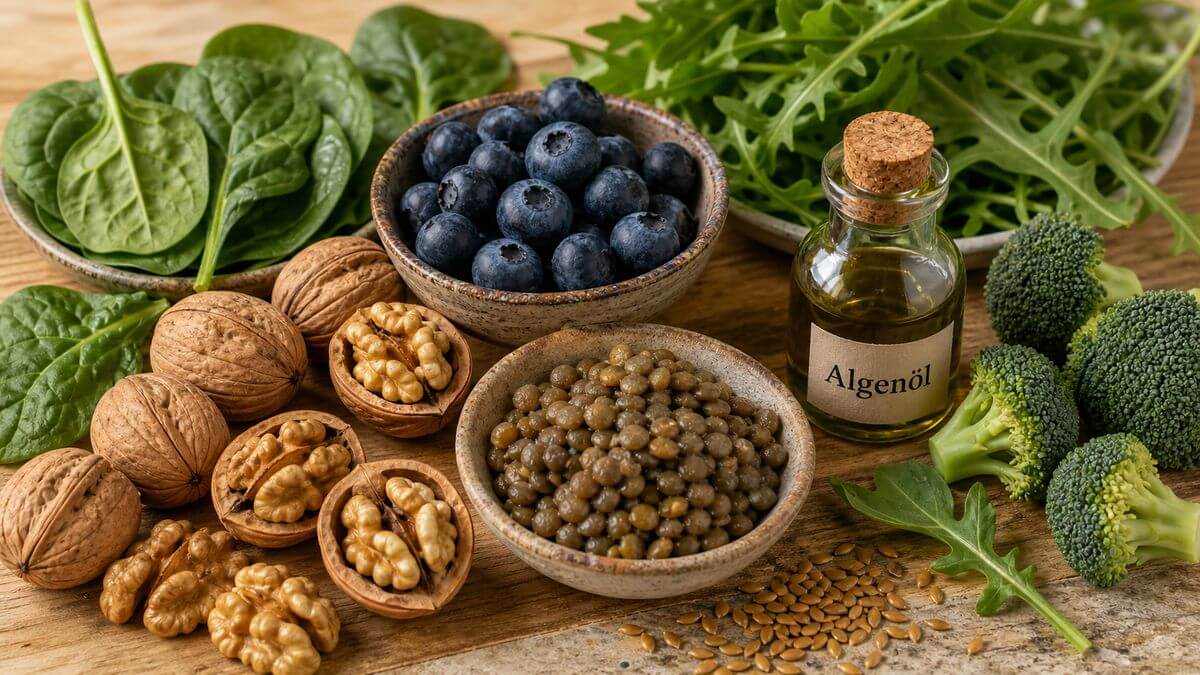 Stillleben mit brain food Zutaten: Walnüsse, Blaubeeren, Blattgemüse, Hülsenfrüchte und Algenöl auf Holzuntergrund – natürlich arrangiert.