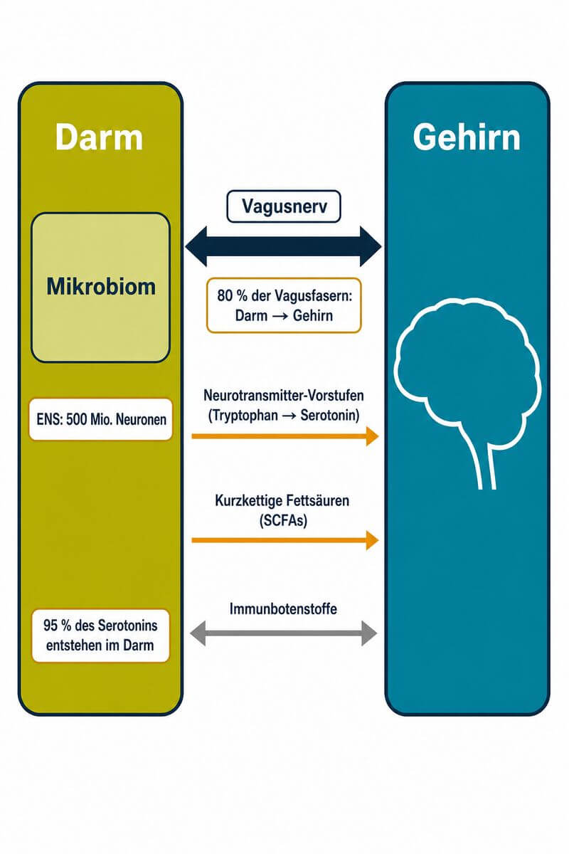 Infografik: Darm-Hirn-Achse – Kommunikationswege zwischen Darm und Gehirn über Vagusnerv, Neurotransmitter und Mikrobiom im Überblick.