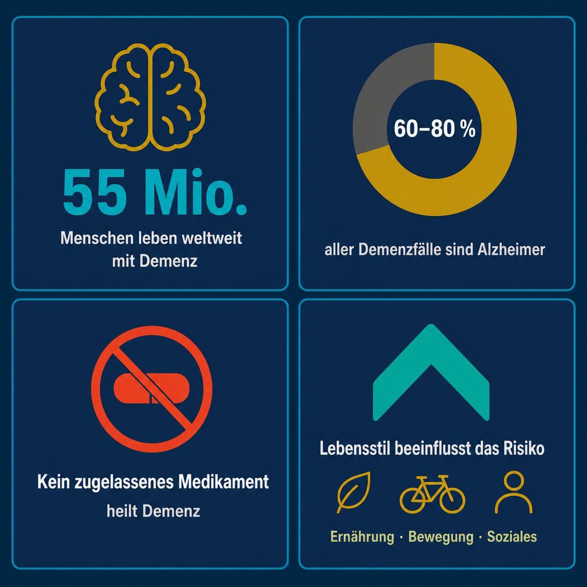 Infografik: Demenz vorbeugen – Statistiken zu Prävalenz, Alzheimer-Anteil und Präventionspotenzial durch Lebensstil.
