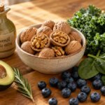 Gehirngesunde Lebensmittel wie Walnüsse, Blaubeeren, Blattgemüse und Olivenöl auf einem Holztisch – symbolisch für Demenzprävention durch Ernährung.