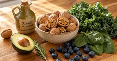 Gehirngesunde Lebensmittel wie Walnüsse, Blaubeeren, Blattgemüse und Olivenöl auf einem Holztisch – symbolisch für Demenzprävention durch Ernährung.
