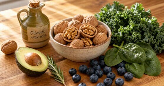 Gehirngesunde Lebensmittel wie Walnüsse, Blaubeeren, Blattgemüse und Olivenöl auf einem Holztisch – symbolisch für Demenzprävention durch Ernährung.