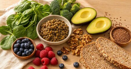 Stillleben mit Spinat, Linsen, Walnüssen, Avocado und Beeren für eine fruchtbarkeitsfördernde Ernährung. Eizellqualität verbessern durch gezielte Nährstoffversorgung.