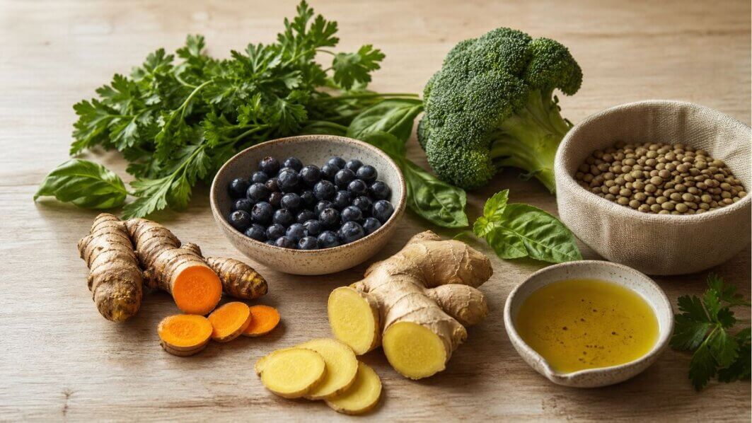 Stillleben mit anti-entzündlichen Lebensmitteln: Kurkuma, Ingwer, Beeren, Brokkoli und Hülsenfrüchte auf Holzuntergrund – natürliche Möglichkeiten, erhöhte Entzündungswerte zu beeinflussen.