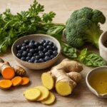 Stillleben mit anti-entzündlichen Lebensmitteln: Kurkuma, Ingwer, Beeren, Brokkoli und Hülsenfrüchte auf Holzuntergrund – natürliche Möglichkeiten, erhöhte Entzündungswerte zu beeinflussen.