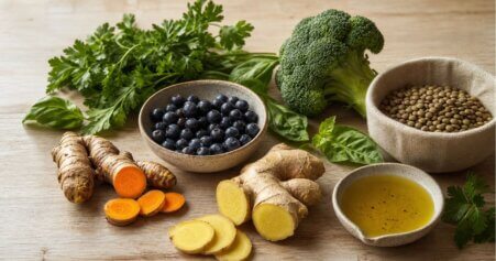 Stillleben mit anti-entzündlichen Lebensmitteln: Kurkuma, Ingwer, Beeren, Brokkoli und Hülsenfrüchte auf Holzuntergrund – natürliche Möglichkeiten, erhöhte Entzündungswerte zu beeinflussen.