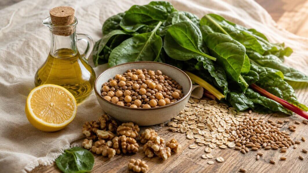 Mediterrane Lebensmittel wie Hülsenfrüchte, Nüsse und Blattgemüse auf einem Holztisch – Ernährung bei Depression als unterstützender Baustein.