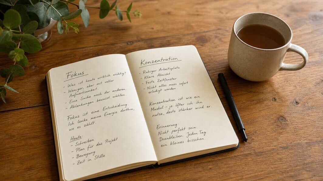 Aufgeräumter Holzschreibtisch mit offenem Notizbuch und Tasse im warmen Morgenlicht – ideale Umgebung für konzentriertes Arbeiten.