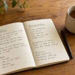 Aufgeräumter Holzschreibtisch mit offenem Notizbuch und Tasse im warmen Morgenlicht – ideale Umgebung für konzentriertes Arbeiten.