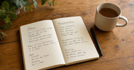 Aufgeräumter Holzschreibtisch mit offenem Notizbuch und Tasse im warmen Morgenlicht – ideale Umgebung für konzentriertes Arbeiten.