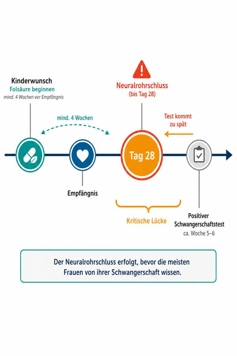 Infografik: Zeitstrahl zeigt, wann der Neuralrohrschluss stattfindet und warum Folsäure bereits vor der Schwangerschaft eingenommen werden sollte.