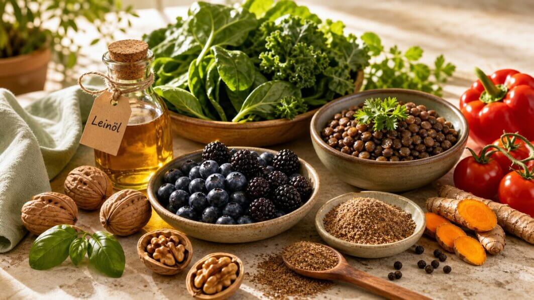 Stillleben mit anti-entzündlichen Lebensmitteln wie Beeren, Walnüssen, Kurkuma und Blattgemüse als natürliche Schutzfaktoren gegen Inflammaging.