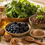 Stillleben mit anti-entzündlichen Lebensmitteln wie Beeren, Walnüssen, Kurkuma und Blattgemüse als natürliche Schutzfaktoren gegen Inflammaging.