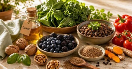 Stillleben mit anti-entzündlichen Lebensmitteln wie Beeren, Walnüssen, Kurkuma und Blattgemüse als natürliche Schutzfaktoren gegen Inflammaging.